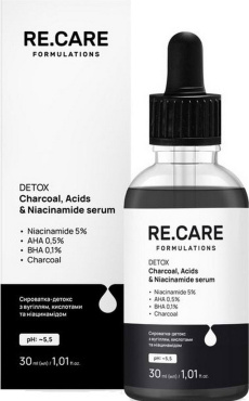 Сыворотка для лица RE.CARE Detox Charcoal Acids Niacinamide для глубокой очистки 30 мл фото 1