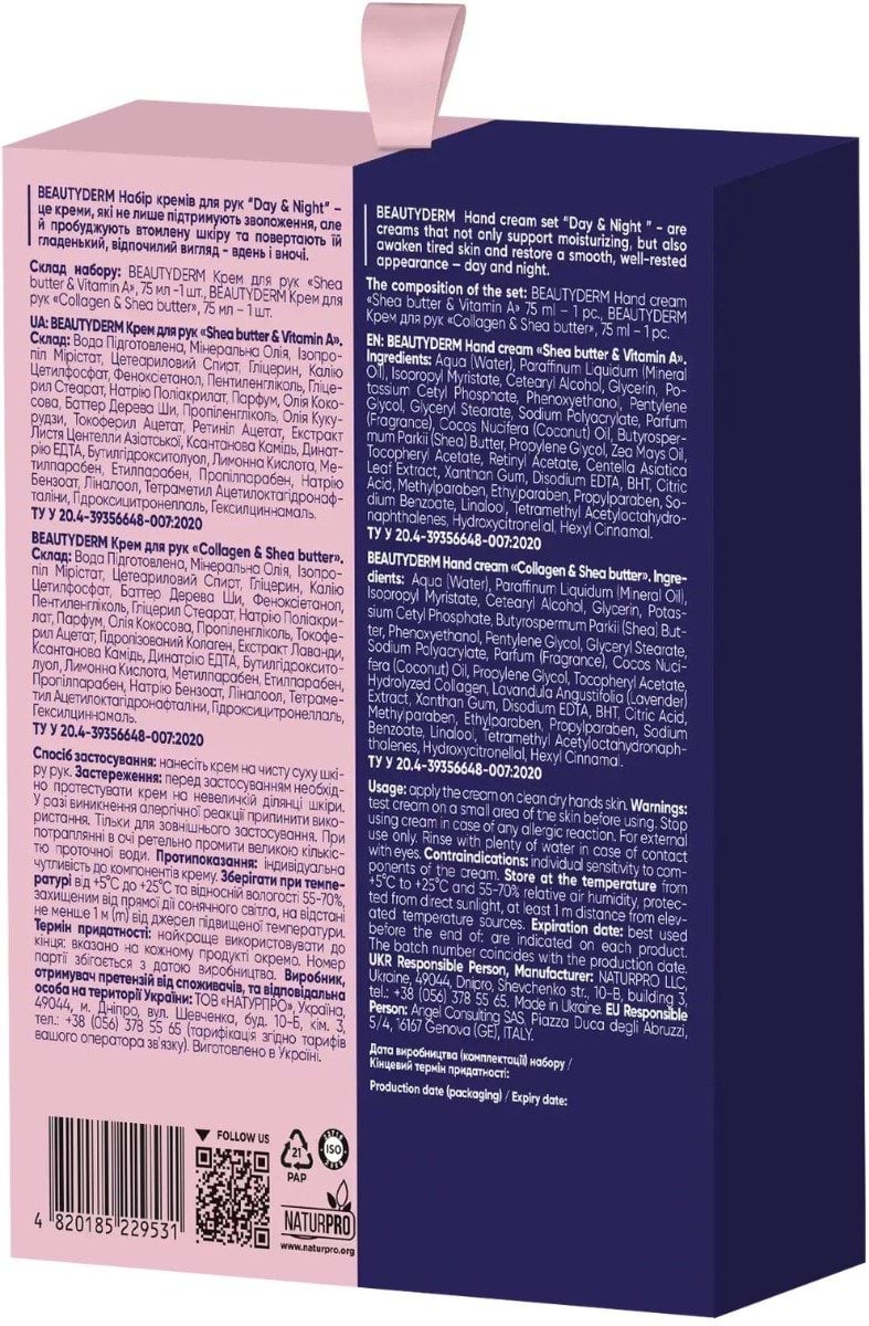 Набор по уходу за руками Beauty Derm Day & Night: дневной крем для рук 75 мл, ночной крем для рук 75 мл