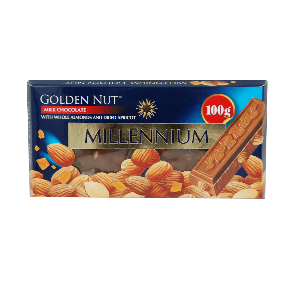 Millennium Gold шоколад молочний з цілим мигдалем та курагою, 100г