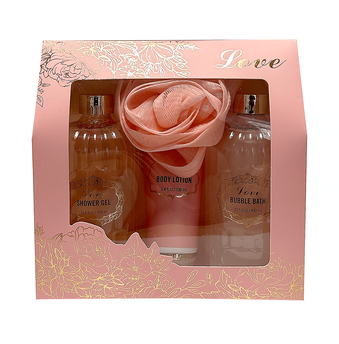 Набор подарочный Love (гель д/душу, 400мл+піна д/ванни,400мл+лосьйон д/т,100мл+мочалка), 1шт