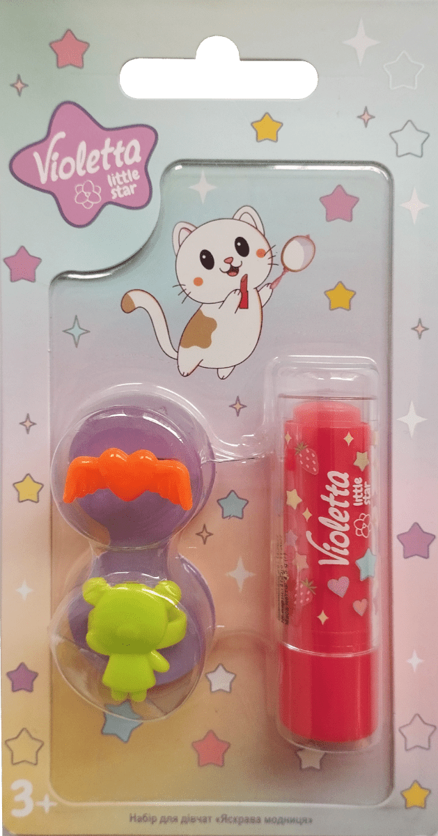 Набір для дівчат Violetta яскрава модниця полуниця (Помада-бальзам для губ 4.5 г + 2 каблучки)