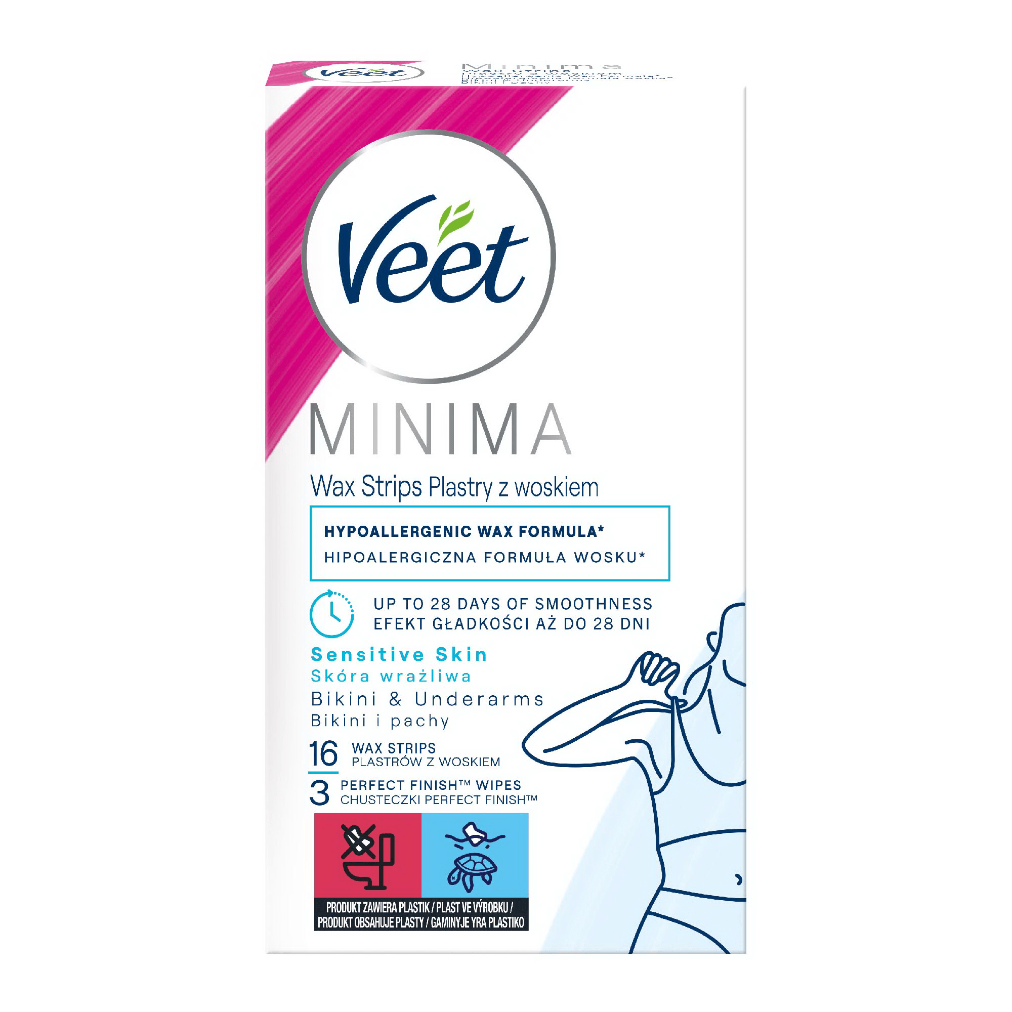 Воскові смужки для депіляції Veet MINIMA для чутливої шкіри лінії бікіні та області під пахвами, гіпоалергенні, 16 шт. — фото 1