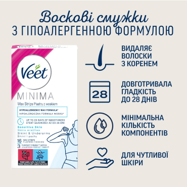 Воскові смужки для депіляції Veet MINIMA для чутливої шкіри лінії бікіні та області під пахвами, гіпоалергенні, 16 шт. фото 1