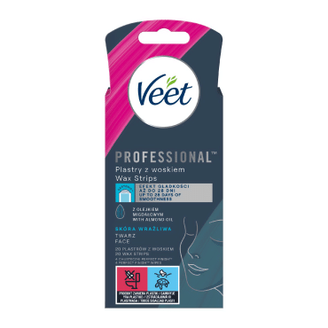 Воскові смужки для депіляції Veet Professional для чутливої шкіри обличчя, з олією мигдалю, 20 шт.