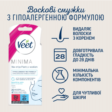 Воскові смужки для депіляції Veet MINIMA для чутливої шкіри обличчя, гіпоалергенні, 20 шт. фото 2