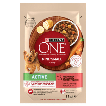 Purina One Mini Active корм для собак с говядиной, картофелем и морковью в соусе, 85 грамм