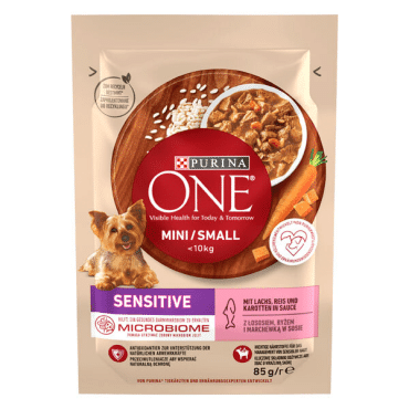 Purina One Mini Sensitive корм для собак с лососем, рисом и морковью в соусе, 85 грамм