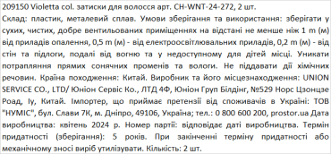Violetta col. зажимы для волос артикул CH-WNT-24-272, 2 штуки фото 1