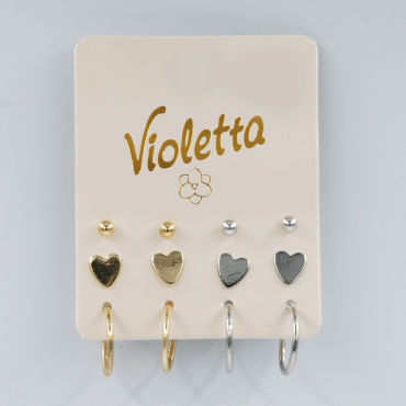 Набір сережок гвоздиків Violetta з кульками та сердечками, 6 пар