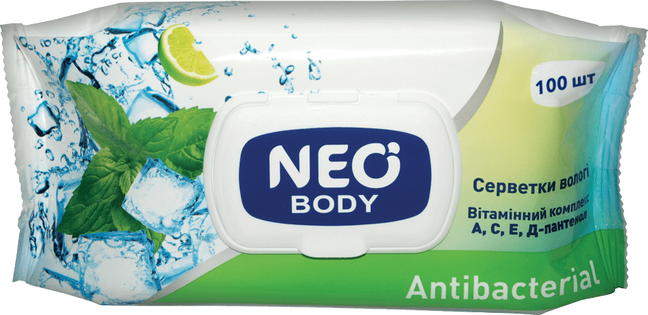 Серветки вологі Neo антибактеріальні з клапаном, 100 шт