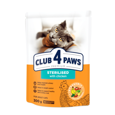 CLUB 4 PAWS Преміум сухий корм для дорослих стерилізованих котів з куркою, 300 г