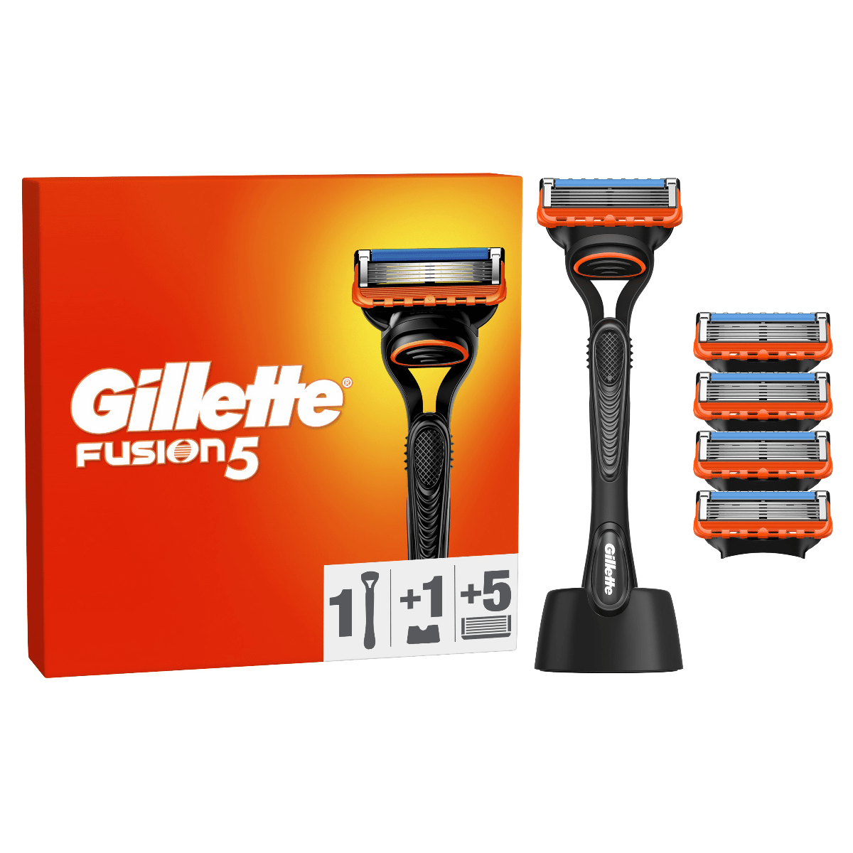 Станок для бритья мужской (бритва) Gillette Fusion5 с 5 сменными картриджами + подставка.