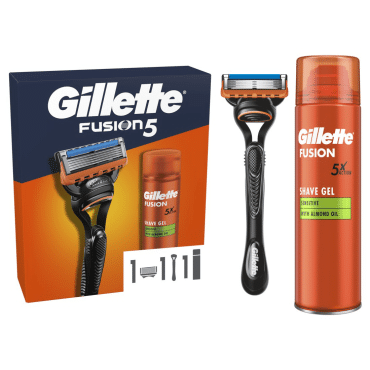 Подарочный набор Gillette Fusion 5 бритвенный станок с 1 сменным картриджем + Гель для бритья Gillette Fusion5 для чувствительной кожи 200 мл