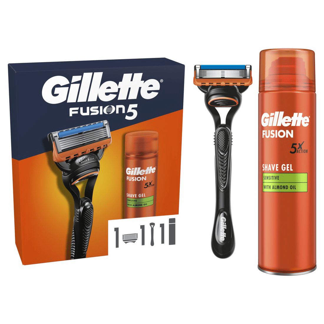 Подарунковий набір Gillette Fusion 5 станок для гоління з 1 змінним картриджем + Гель для гоління Gillette Fusion5 для чутливої шкіри 200 мл