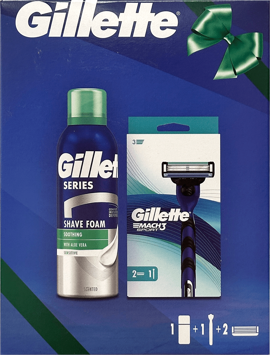 Подарунковий набір Gillette Mach3 Sport станок для гоління з 2 змінними картриджами + Піна для гоління Gillette Series Для чутливої ​​шкіри з алое вера 200 мл