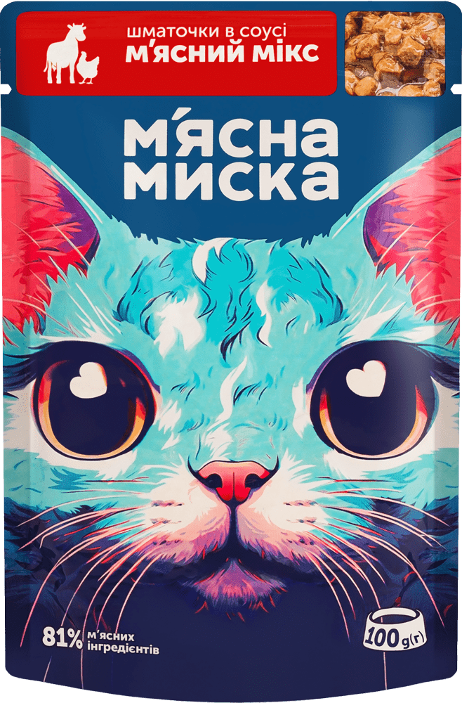 М'ясна миска корм для котів м'ясний мікс, 100 грам