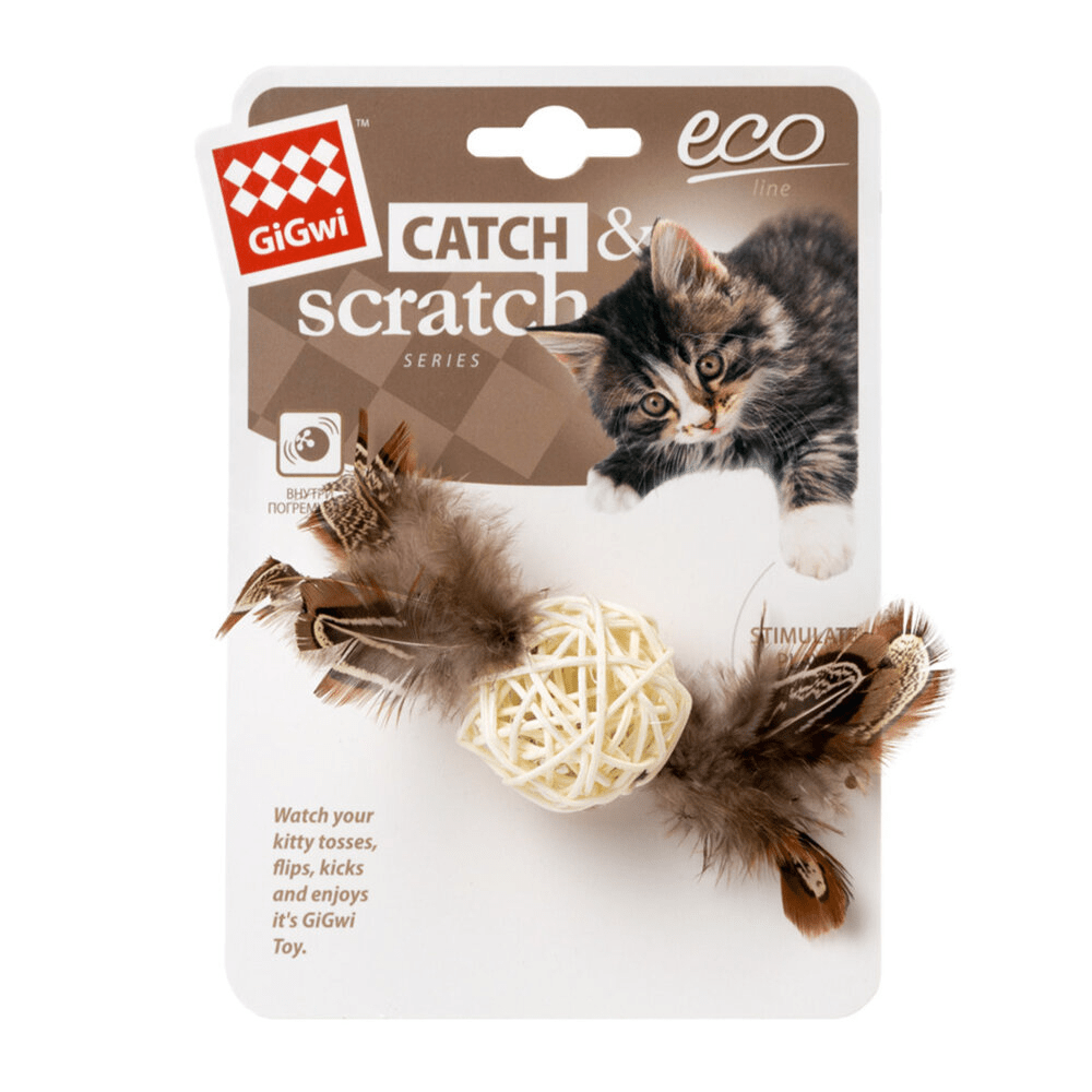GiGwi Catch&Scratch іграшка для котів плетений м’ячик з дзвіночком і пір’ям, 13 см