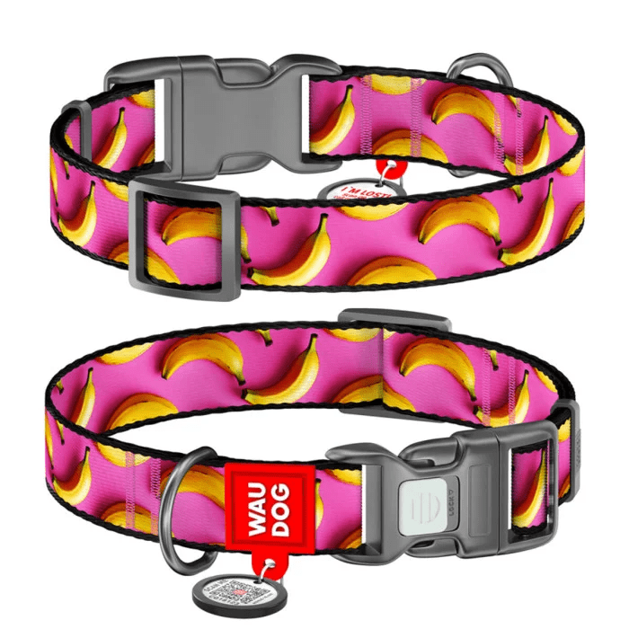 WAUDOG Nylon нашийник для собак нейлоновий з QR паспортом, малюнок Банани на рожевому, 25-35 сантиметрів
