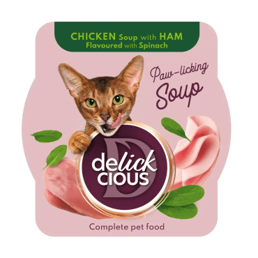 DELICKCIOUS Суп для кошек из курицы с ветчиной и добавлением шпината, 80 г