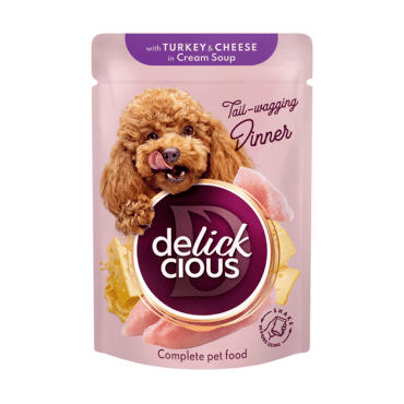DELICKCIOUS Корм для собак полоски с индейкой и сыром в крем-супе, 85 г
