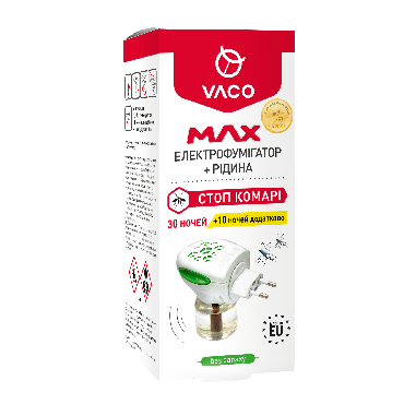 Електрофумігатор з рідиною від комарів VACO MAX 30 ночей + 10 ночей у подарунок, 30 мл