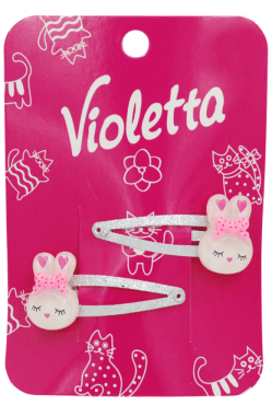 Заколки-хлопавки для волосся Violetta дитячі з фігурками білих зайчиків та блискучою основою 2 штуки