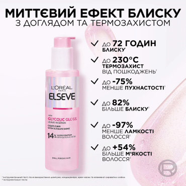 Незмивна сироватка L'Oreal Paris Elseve Glycolic Gloss для надання блиску та пом'якшення волосся, 150 мл фото 2