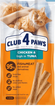 Лакомства для котов CLUB 4 PAWS мясные палочки курица-тунец, 3шт х 5 г, 15 г