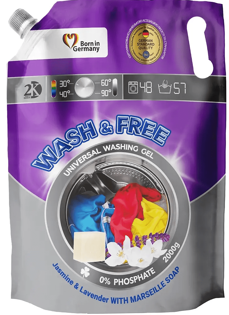 Гель для прання універсальний WASH&FREE жасмин і лаванда з марсельським милом 2000 г (DOYPACK)