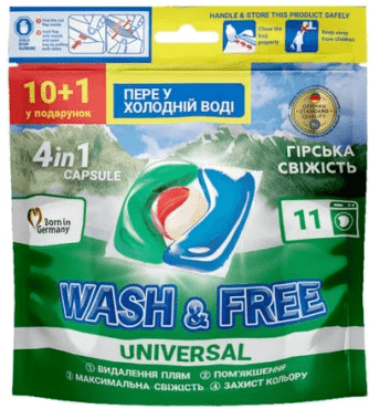 Капсули для прання Wash&Free гірська свіжість 10+1 шт. duypack