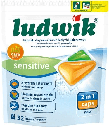 Капсули для прання Ludwik Sensitive 2 в 1 для білих і кольорових тканин, 32 циклів прання, 32 шт.