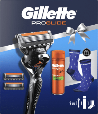 Подарочный набор для мужчин Gillette Станок для бритья Fusion5 Proglide Flexball с 2 сменными картриджами + гель для бритья Fusion для чувствительной кожи 200 мл + носки
