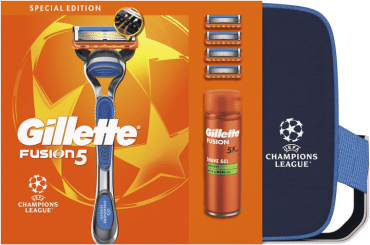 Подарунковий набір для чоловіків Gillette UEFA Champions League Special Edition Станок Fusion5 з 4 змінними картриджами + гель для гоління Fusion для чутливої шкіри 200 мл + косметичка