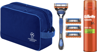 Подарунковий набір для чоловіків Gillette UEFA Champions League Special Edition Станок Fusion5 з 4 змінними картриджами + гель для гоління Fusion для чутливої шкіри 200 мл + косметичка фото 1