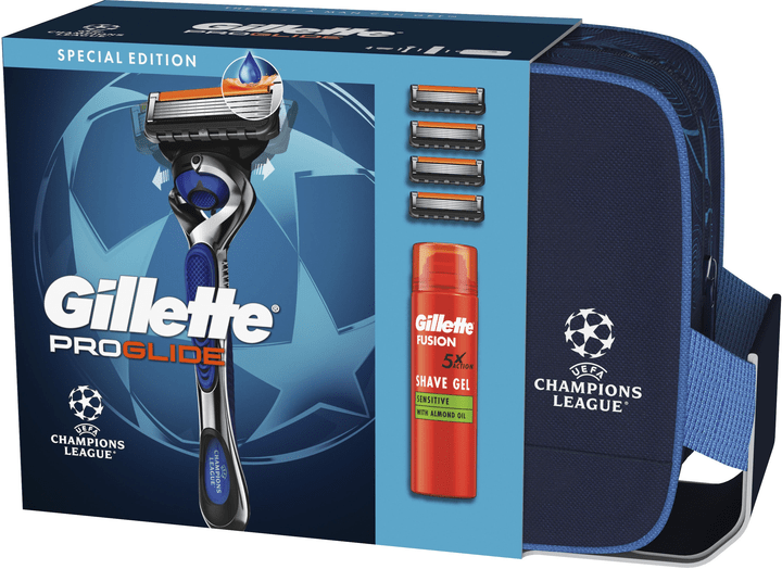 Подарунковий набір для чоловіків Gillette UEFA Champions League Special Edition Станок Fusion5 Proglide Flexball з 4 змінними картриджами + гель для гоління Fusion для чутливої шкіри 200 мл + косметичка