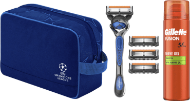 Подарочный набор для мужчин Gillette UEFA Champions League Special Edition Станок Fusion5 Proglide Flexball с 4 сменными картриджами + гель для бритья Fusion для чувствительной кожи 200 мл + косметичка фото 1