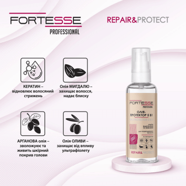 Олія-протектор 5 в 1 Fortesse pro repair & protect експрес відновлювальна для сухого пошкодженого волосся 60 мл фото 1