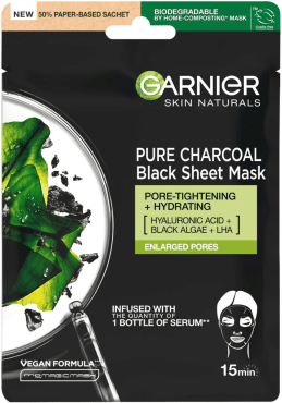 Чёрная тканевая маска Garnier Skin Naturals Очищающий уголь + Чёрные водоросли 28 г