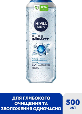 Гель для душа Nivea Men Pure Impact 3 в 1 для тела, лица и волос 500 мл фото 1