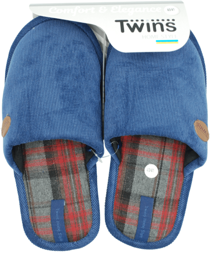 Тапочки домашние Twins&Ko вельвет-клеточка синий размер 40-41