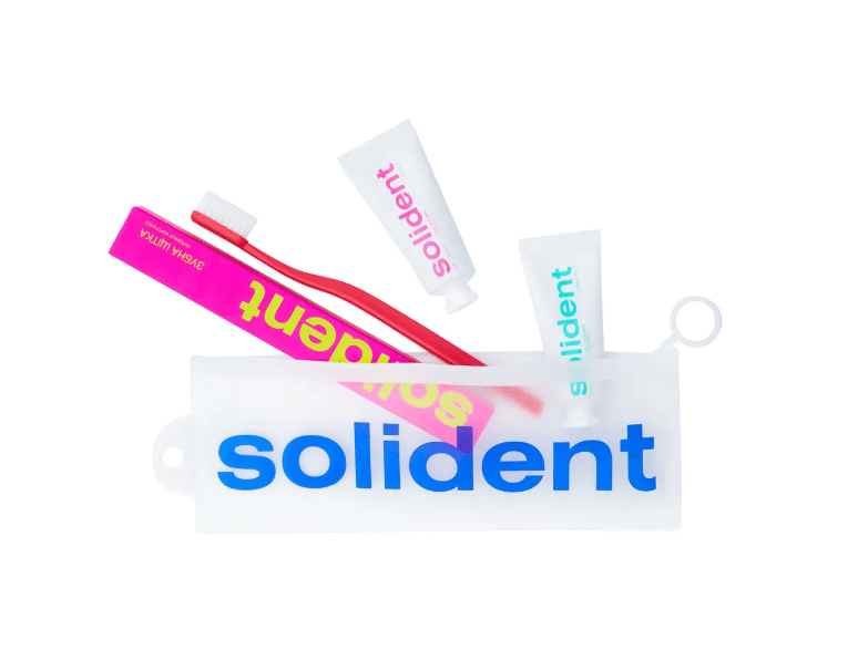 Набор для путешествий SOLIDENT (зубная щетка, зубная паста Original 25 г, зубная паста Peach Mint 25 г, косметичка), 1 шт.