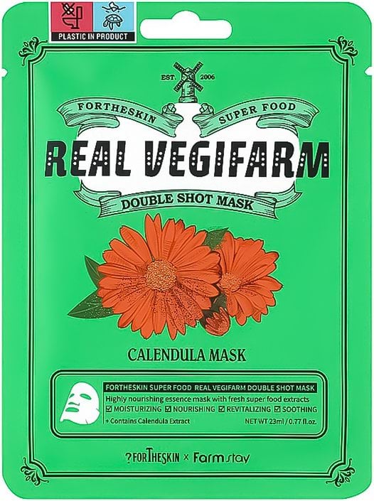 Маска для обличчя Fortheskin Super Food Real Vegifarm Double Shot Mask Calendula тканинна 23 мл