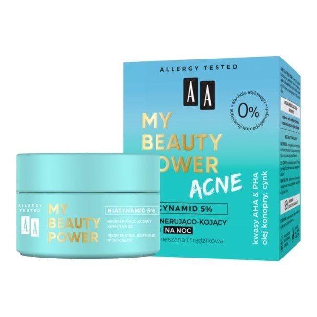 Крем для обличчя заспокійливий для проблемної шкіри нічний AA Cosmetics My Beauty Power Acne, 50 мл