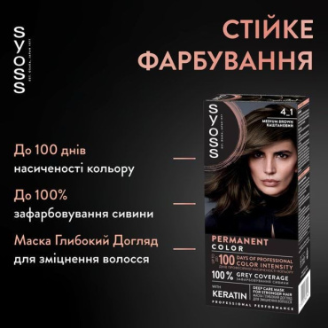 Стойкая крем-краска для волос Syoss 4-1 каштановый 115 мл