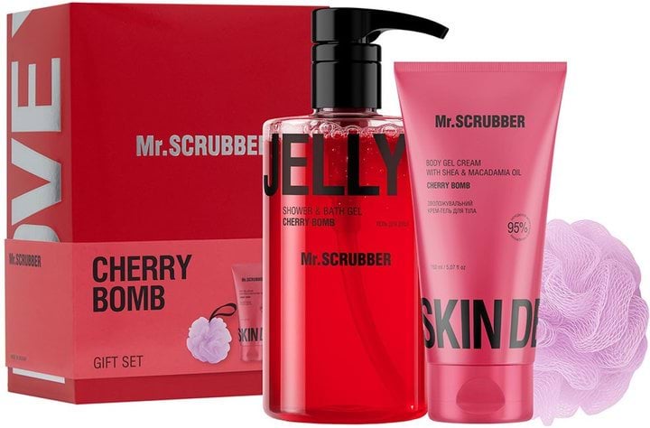 Подарунковий набір Mr.Scrubber Cherry Bomb (гель для душу 500 мл + зволожувальний крем 150 мл + мочалка)