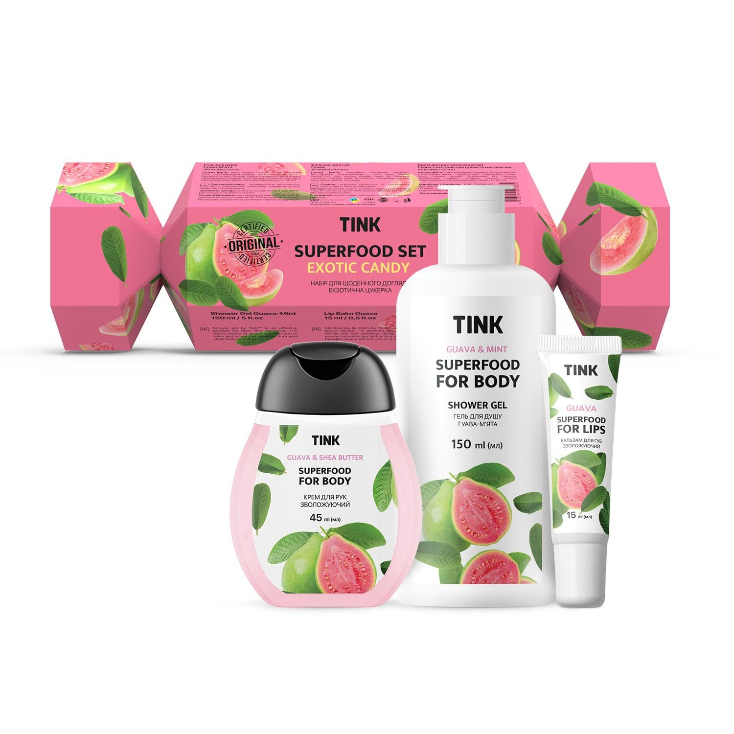 Набор Superfood Set Exotic Candy Tink (гель для душа, 150 мл + бальзам для губ, 15 мл + крем для рук, 45 мл)
