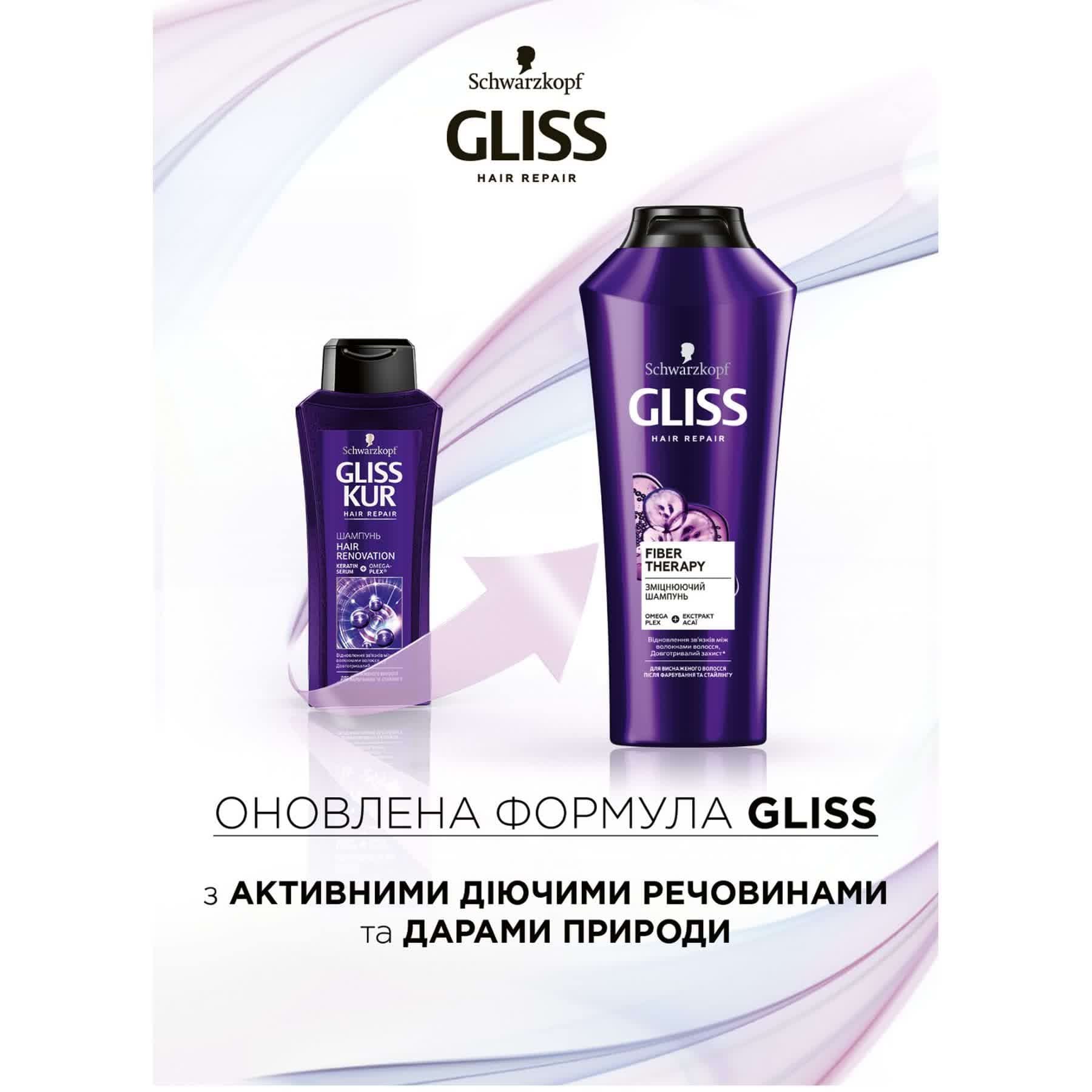Укрепляющий шампунь GLISS Fiber Therapy для истощенных волос после окрашивания и стайлинга, 400 мл.