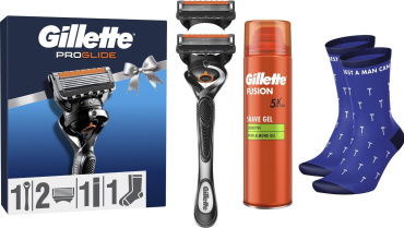 Подарунковий набір: Станок для гоління чоловічий (Бритва) Gillette Fusion5 Proglide Flexball з 2 змінними картриджами + Гель для гоління Gillette Fusion Для чутливої шкіри 200 мл + Шкарпетки