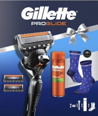 Подарунковий набір: Станок для гоління чоловічий (Бритва) Gillette Fusion5 Proglide Flexball з 2 змінними картриджами + Гель для гоління Gillette Fusion Для чутливої шкіри 200 мл + Шкарпетки фото 1