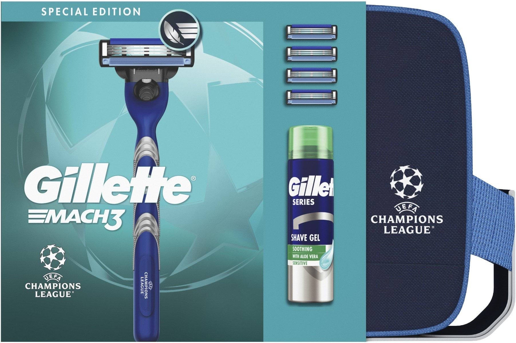 Подарунковий набір UEFA Champions League Special Edition: Станок для гоління чоловічий (Бритва) Gillette Mach3 з 4 змінними картриджами + Гель для гоління Gillette Series Sensitive Skin для чутливої шкіри 200 мл + Косметичка